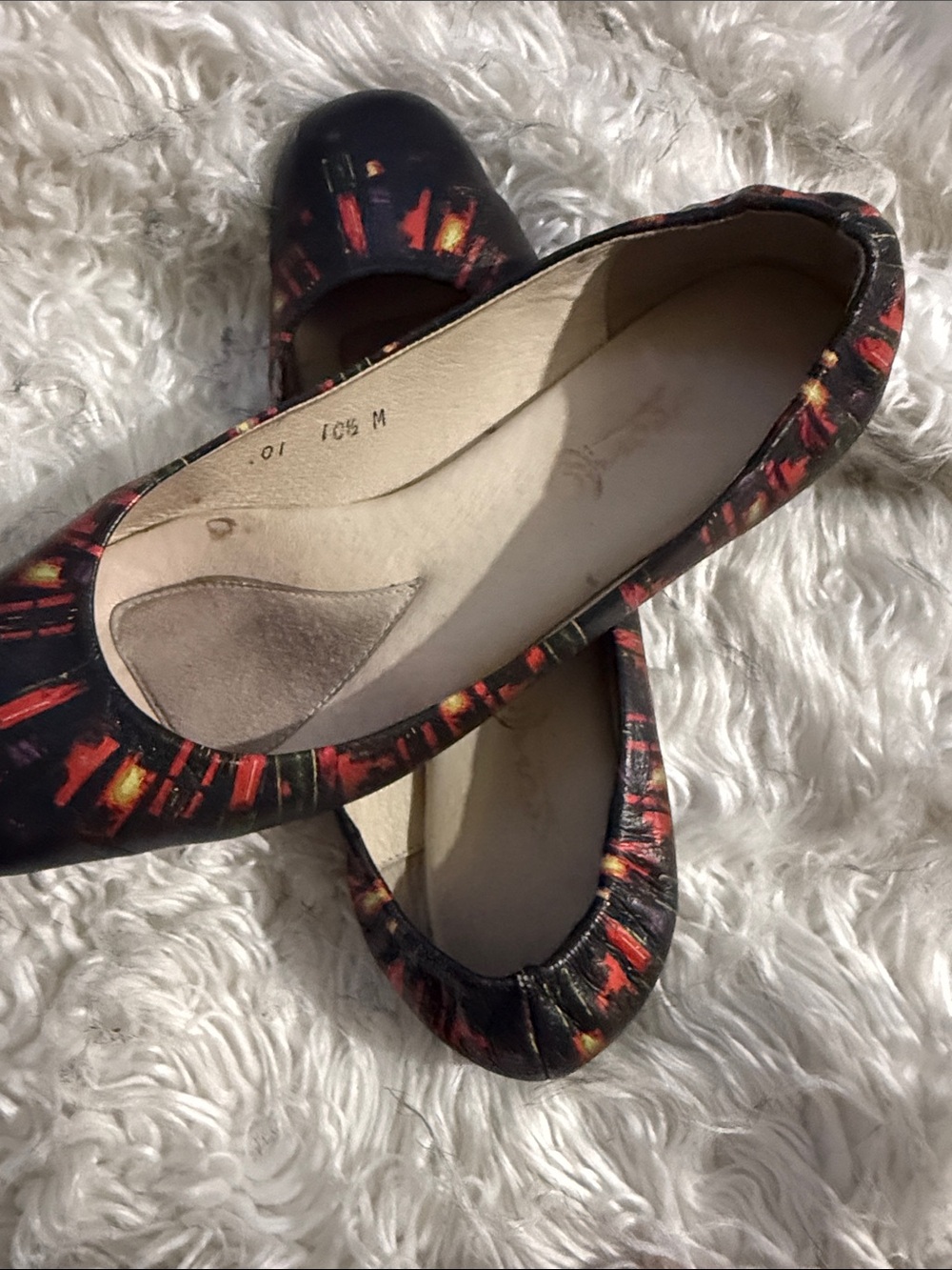 Womenโs Black Ballet Flats with Red & Orange Accent, Genuine Leather.